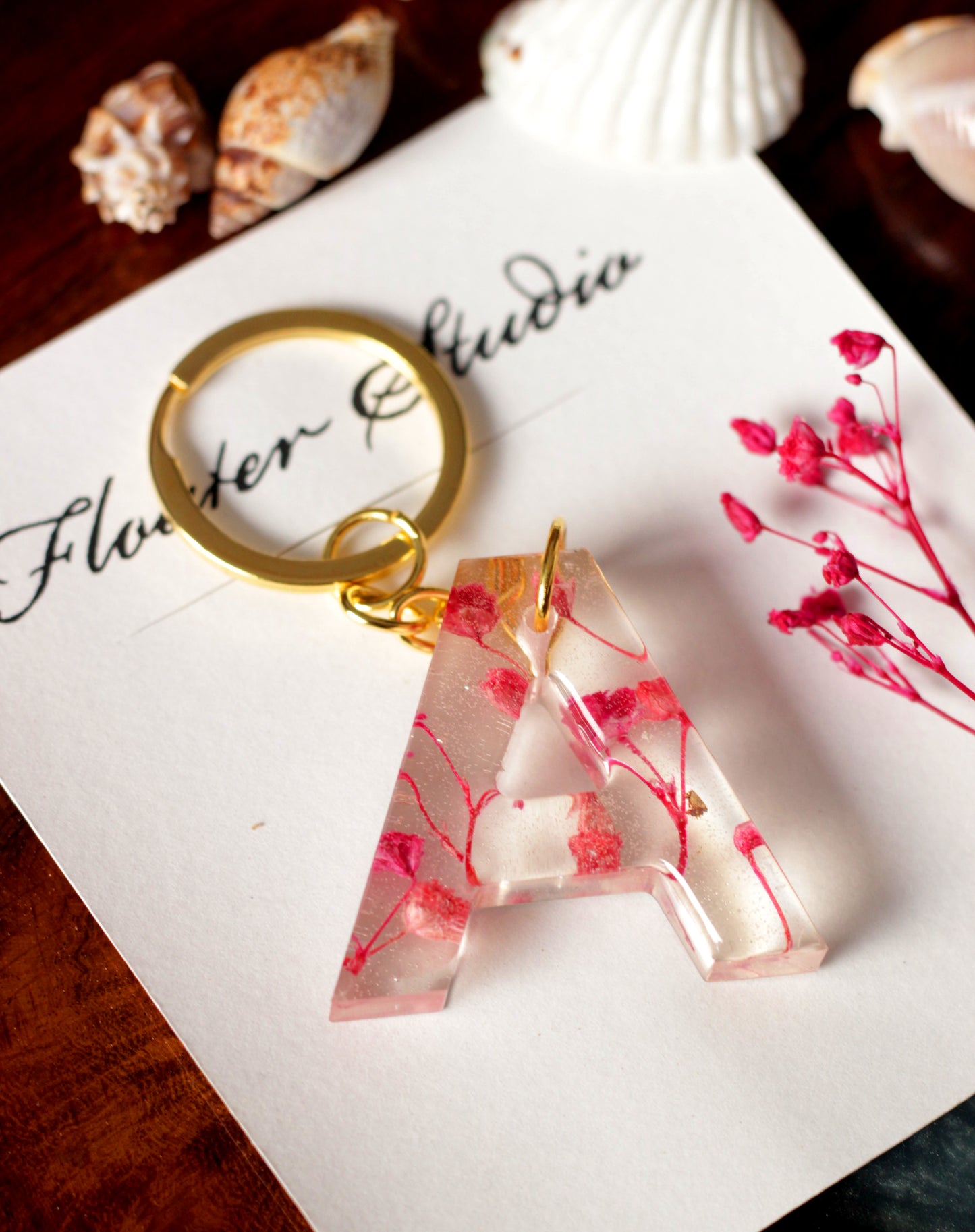 Alphabet Resin Keychain, Letter Keychain, Yellow and Pink Flower Resin Keychain