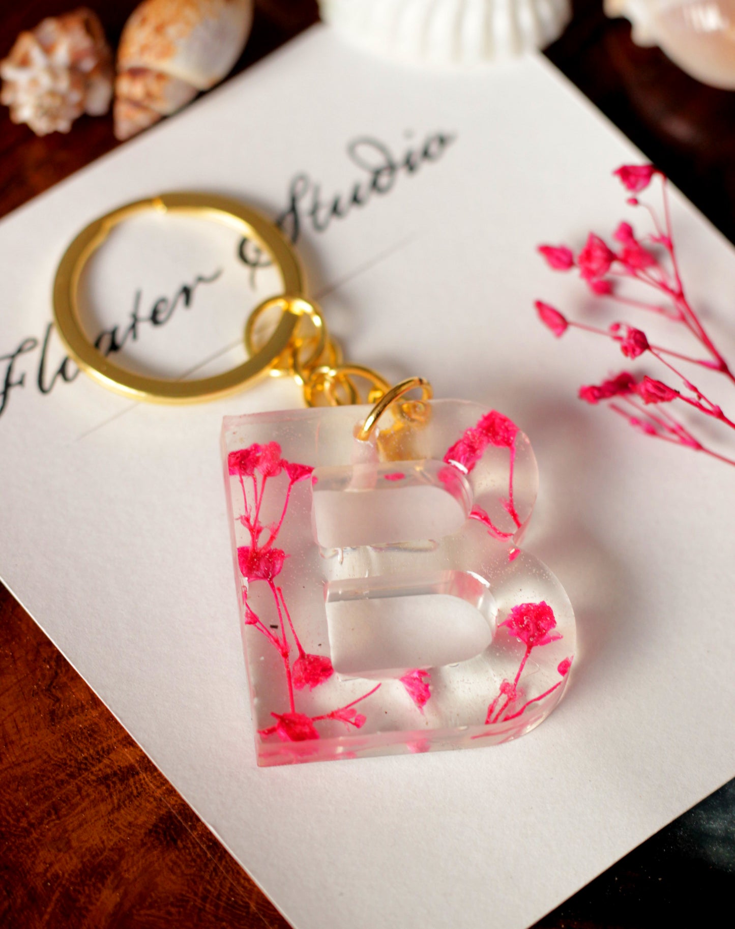 Alphabet Resin Keychain, Letter Keychain, Yellow and Pink Flower Resin Keychain