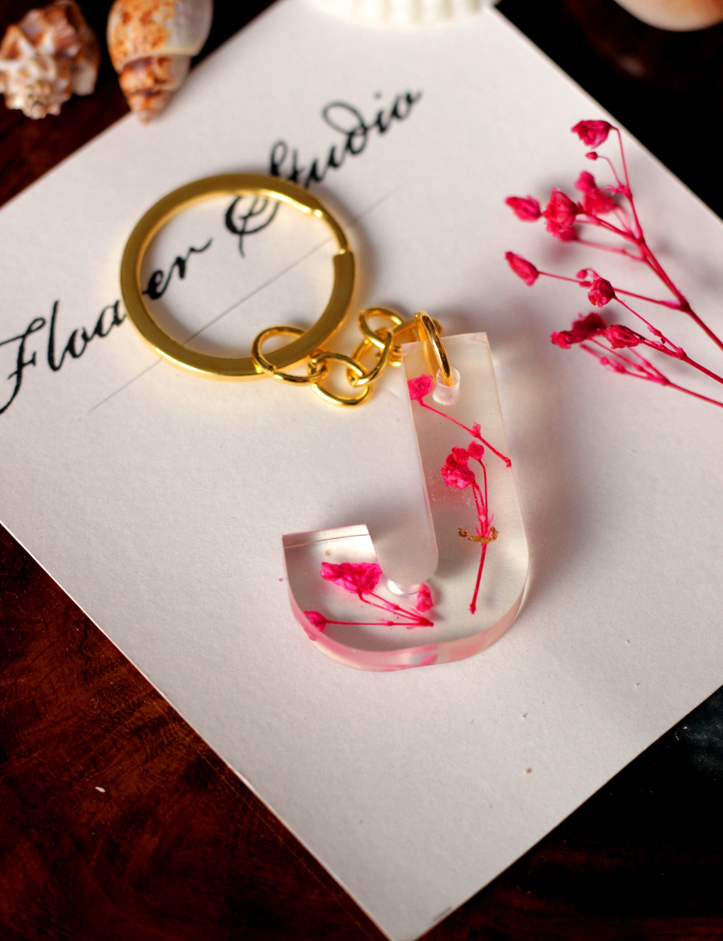 Alphabet Resin Keychain, Letter Keychain, Yellow and Pink Flower Resin Keychain