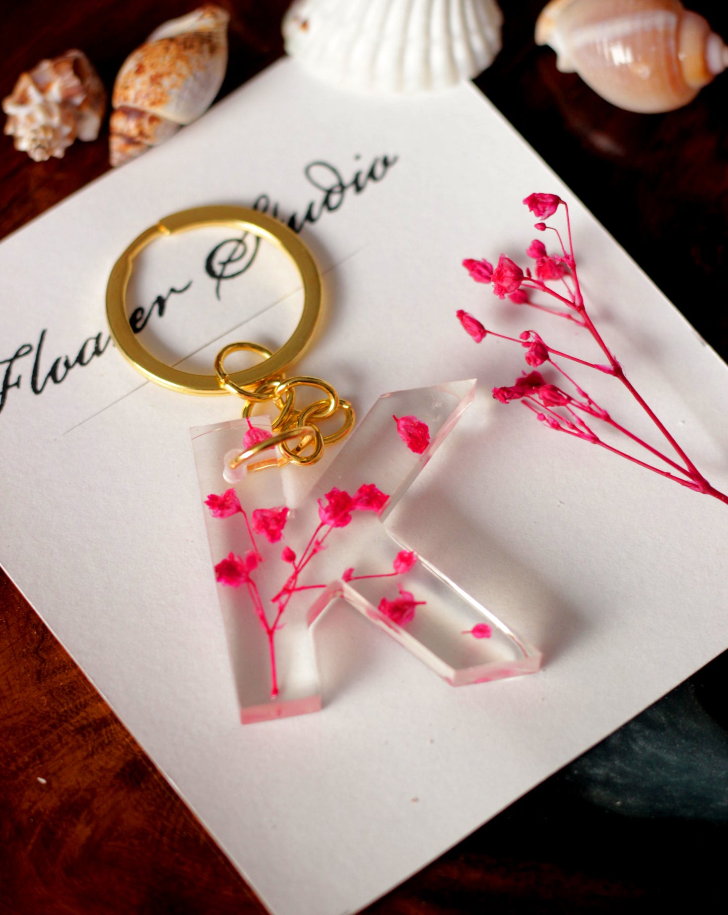 Alphabet Resin Keychain, Letter Keychain, Yellow and Pink Flower Resin Keychain