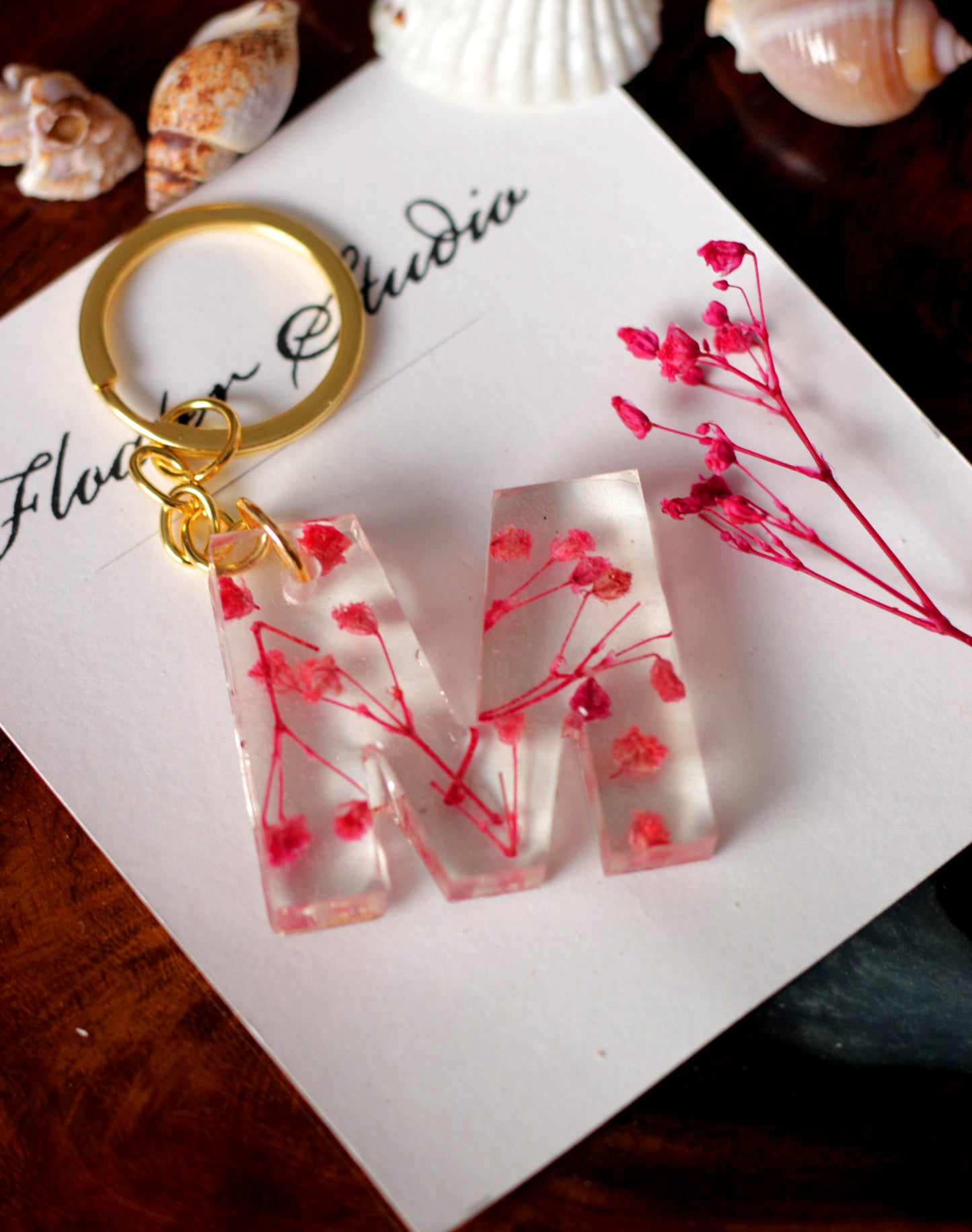 Alphabet Resin Keychain, Letter Keychain, Yellow and Pink Flower Resin Keychain