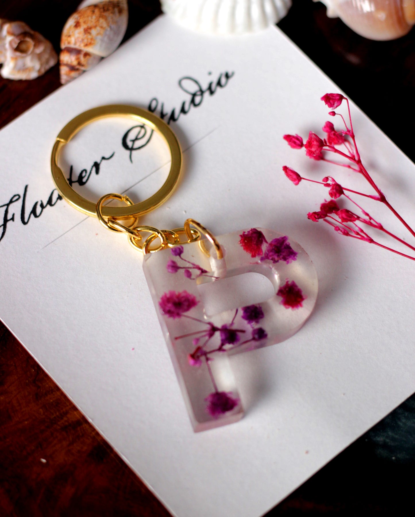 Alphabet Resin Keychain, Letter Keychain, Yellow and Pink Flower Resin Keychain