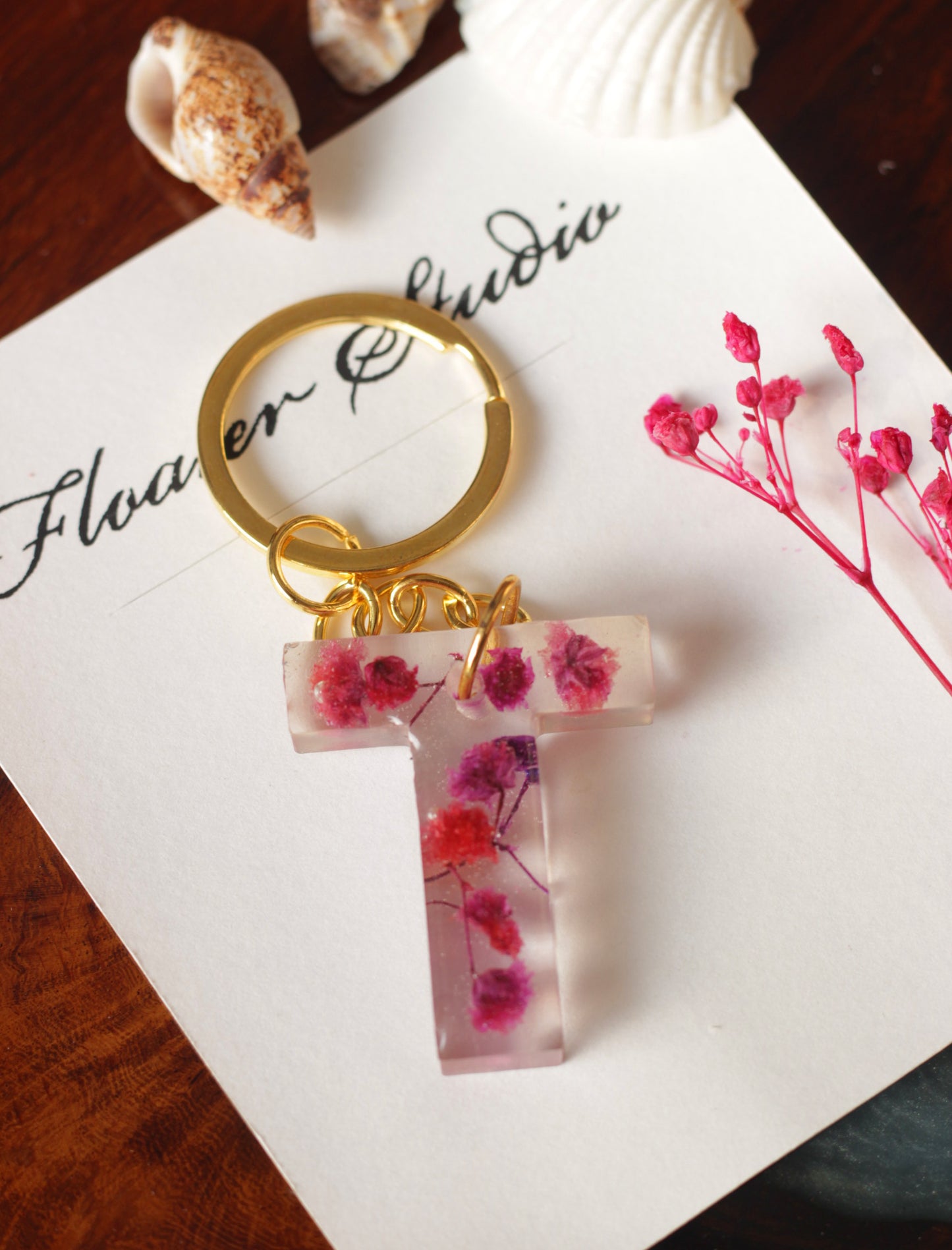 Alphabet Resin Keychain, Letter Keychain, Yellow and Pink Flower Resin Keychain