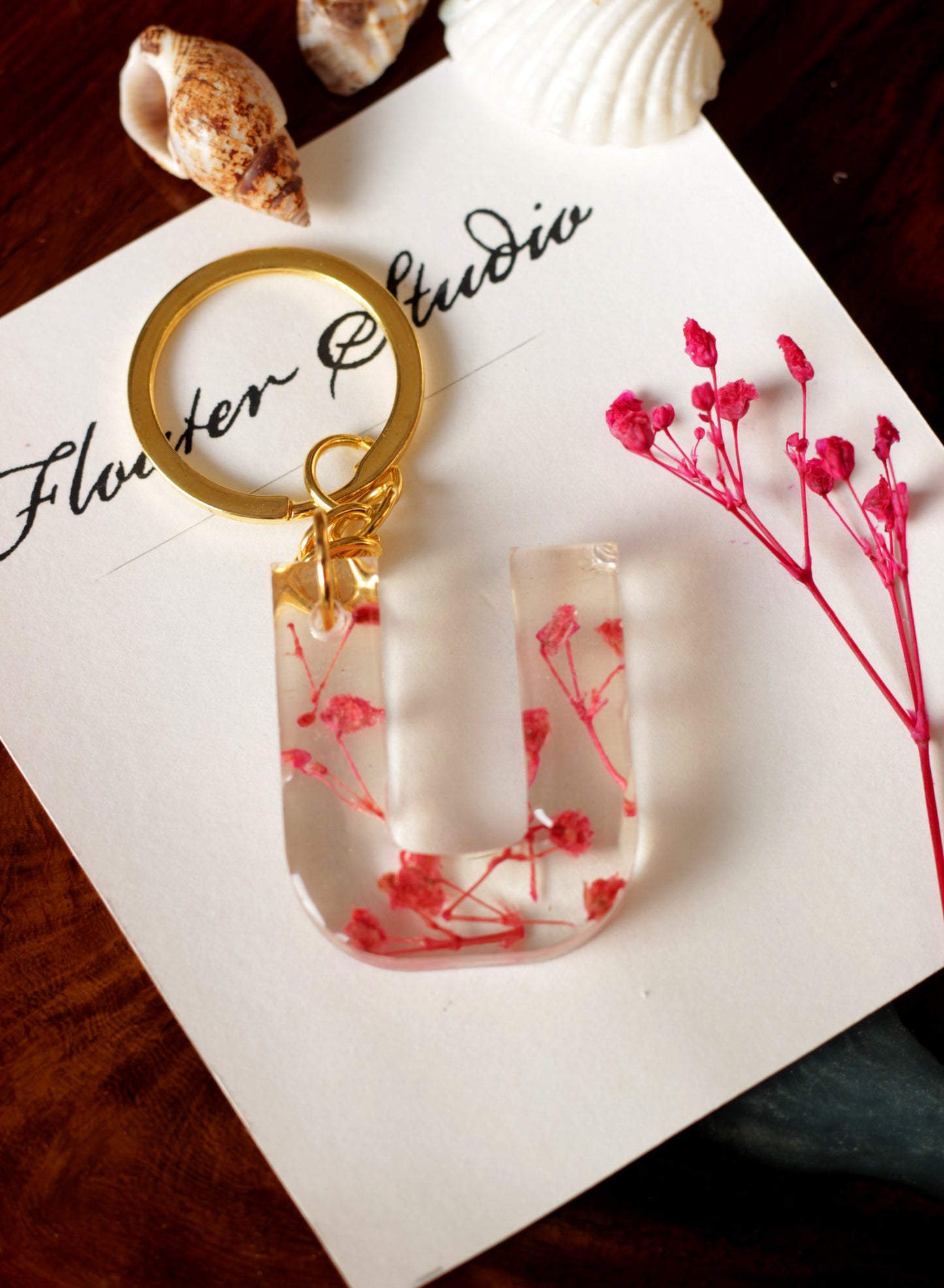 Alphabet Resin Keychain, Letter Keychain, Yellow and Pink Flower Resin Keychain