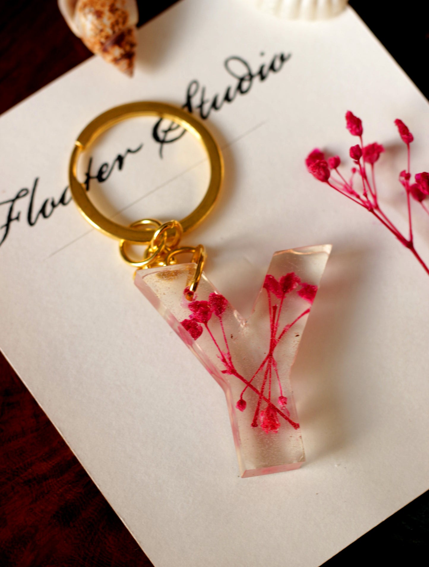Alphabet Resin Keychain, Letter Keychain, Yellow and Pink Flower Resin Keychain