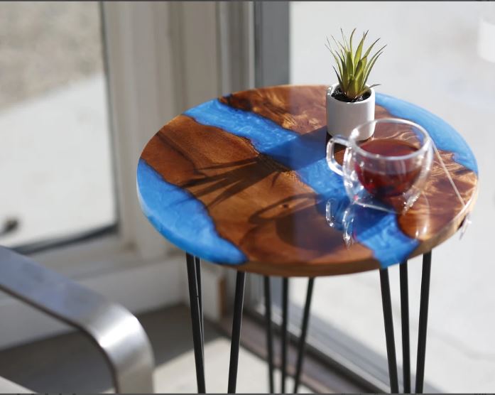 Blue Resin Coffee Table, and Wood Resin Slice, Customization Available