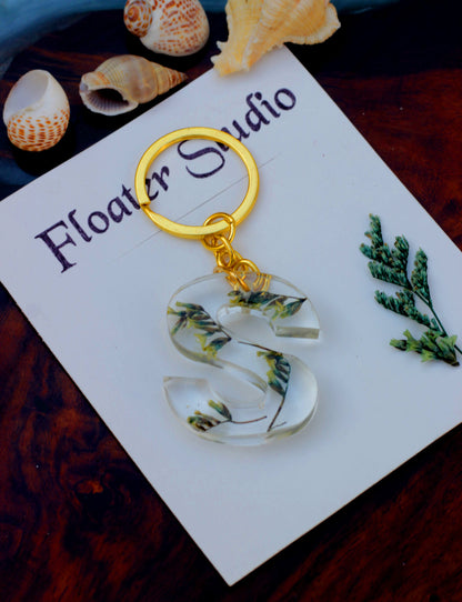 Alphabet Resin Keychain, Letter Keychain, Yellow and Pink Flower Resin Keychain