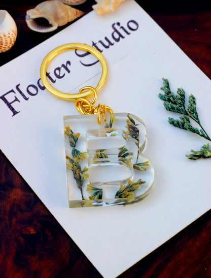 Alphabet Resin Keychain, Letter Keychain, Yellow and Pink Flower Resin Keychain