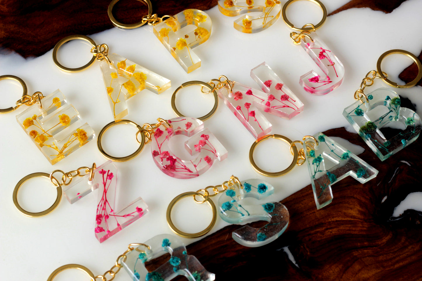 Alphabet Resin Keychain, Letter Keychain, Yellow and Pink Flower Resin Keychain