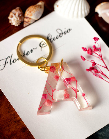 Alphabet Resin Keychain, Letter Keychain, Yellow and Pink Flower Resin Keychain