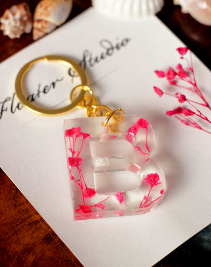 Alphabet Resin Keychain, Letter Keychain, Yellow and Pink Flower Resin Keychain