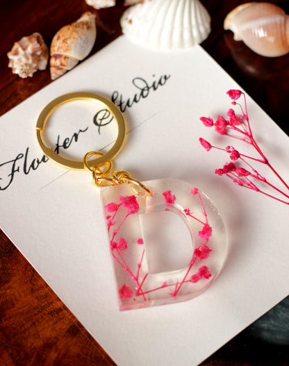 Alphabet Resin Keychain, Letter Keychain, Yellow and Pink Flower Resin Keychain