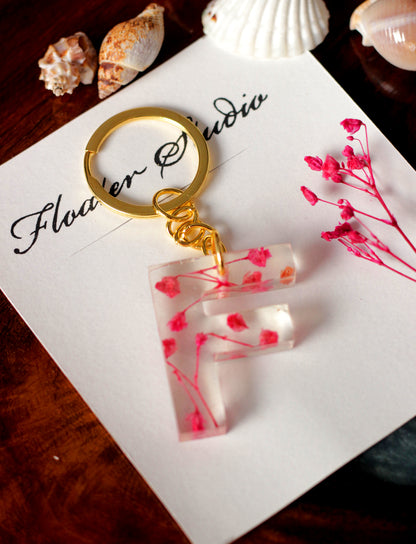 Alphabet Resin Keychain, Letter Keychain, Yellow and Pink Flower Resin Keychain