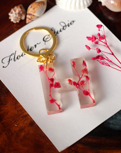 Alphabet Resin Keychain, Letter Keychain, Yellow and Pink Flower Resin Keychain