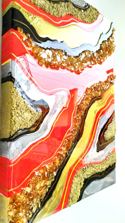 Resin Geode Wall Art for Home, Office Décor, Red, Golden and Black Color Panel (Customization Available)