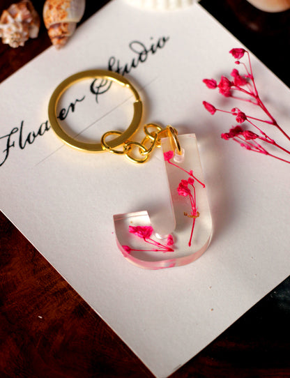 Alphabet Resin Keychain, Letter Keychain, Yellow and Pink Flower Resin Keychain
