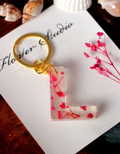 Alphabet Resin Keychain, Letter Keychain, Yellow and Pink Flower Resin Keychain